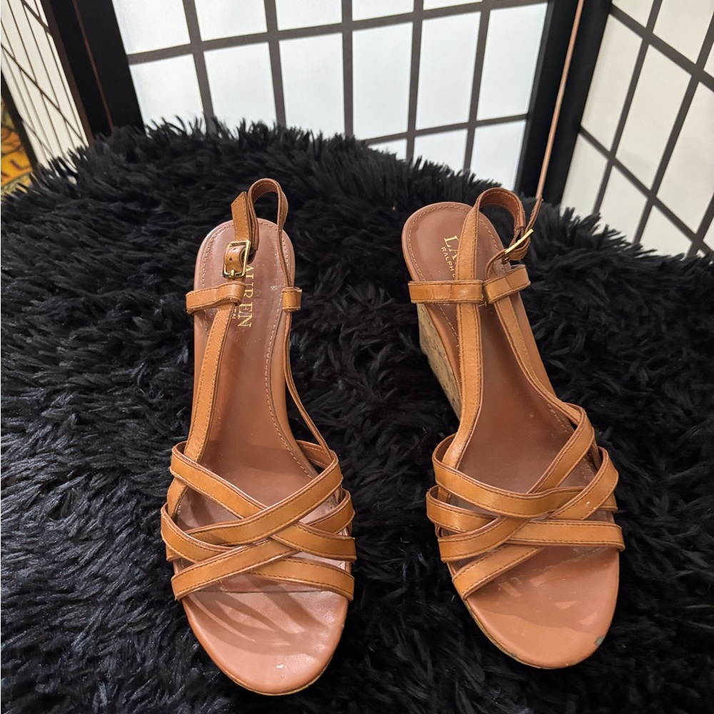 Polo by Ralph Lauren Tan Leather T-Strap Wedge Sandals